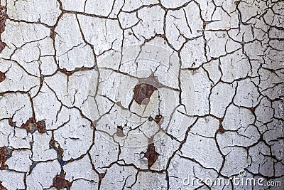 Crazed cracked craquelure pattern of old white paint background over rusted steel Stock Photo