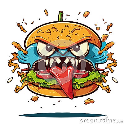 Crazy and angry hamburger. Funny cartoon, cheerful colorful vector illustration of a hamburger. Vector Illustration