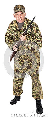 Crazy Angry Hunter or Survivalist With Gun, Isolated Stock Photo