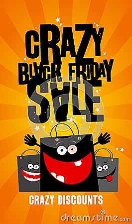 Crazy black friday sale design with bags. Vector Illustration