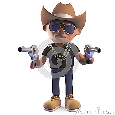 Crazy black hiphop rapper wearing a cowboy stetson and firing pistols, 3d illustration Cartoon Illustration