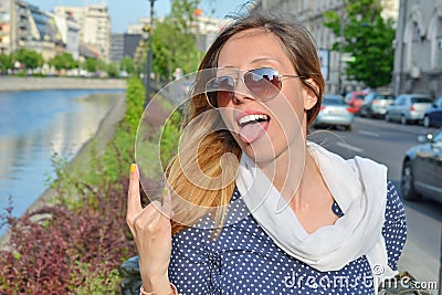 Crazy brunette girl expression Stock Photo