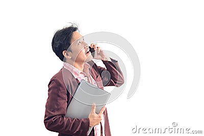 Crazy businessman holding laptop in negotiate and working hard e Stock Photo