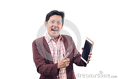 Crazy businessman holding tablet in suggest emotion isolate on w Stock Photo