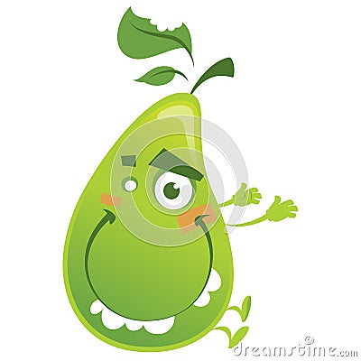 Crazy cartoon green pear fruit character jumping funny Vector Illustration