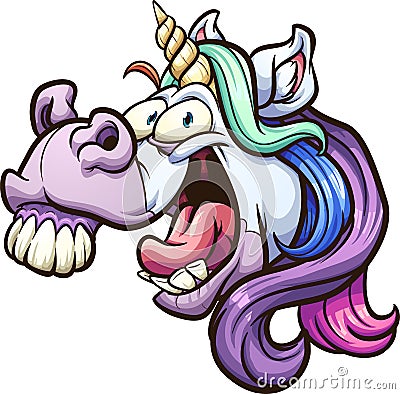 Crazy cartoon unicorn head laughing and neighing Vector Illustration