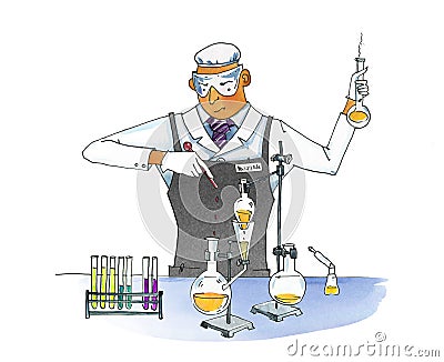 Crazy chemist. Man in overalls conducts chemical experiments. Test tubes and flasks on a tripod. Sublimation and distillation of Cartoon Illustration