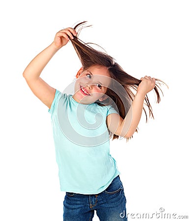 Crazy child girl pullin her hairs Stock Photo