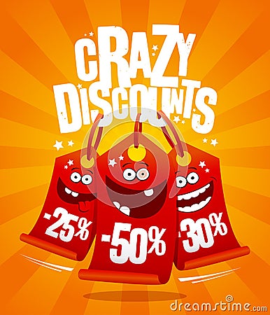 Crazy discounts vector poster concept with madness smiling price tags Vector Illustration