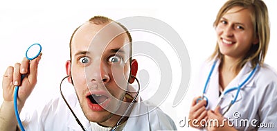 Crazy doctor and his nurse Stock Photo