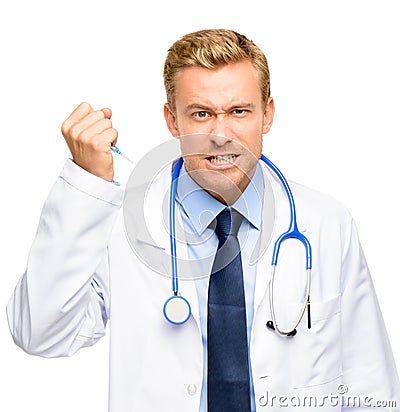 Crazy doctor holding syringe on white background Stock Photo