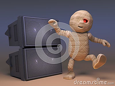 Crazy Egyptian mummy monster dancing in front of sound system at rave party, 3d illustration Cartoon Illustration