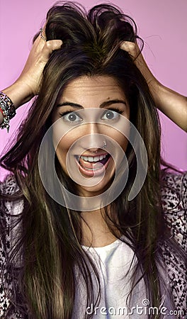 Crazy face girl happy and surprised Stock Photo
