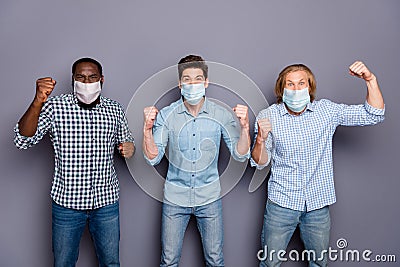 Crazy football fan guys support pals watch football world final cup celebrate team victory in corona virus quarantine Stock Photo