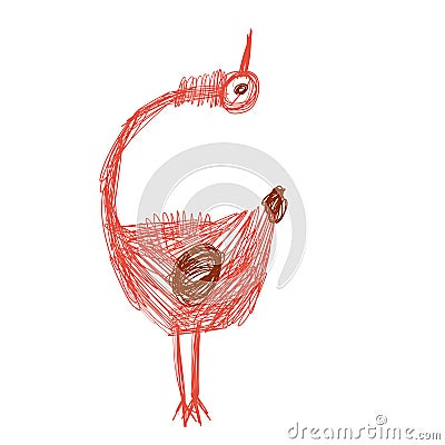 Crazy funny bird looking up in red and brown colours in doodles hand drawn style. Vector Illustration