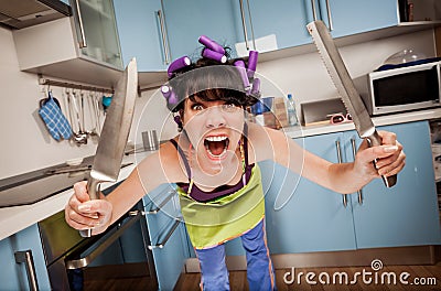 Crazy funny housewife Stock Photo