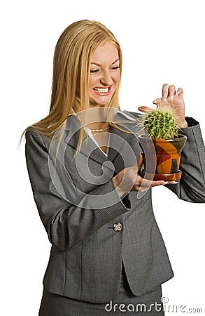 Crazy girl with cactus Stock Photo