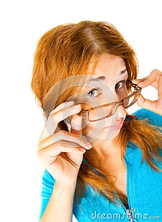 Crazy girl in glasses isolated Stock Photo
