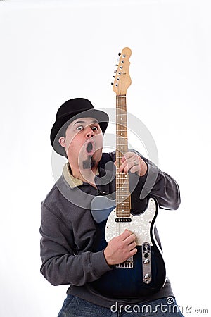 Crazy Guitarist in Tophat Making Funny Face Stock Photo