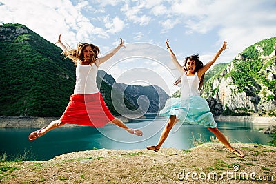 Crazy happy jump in mountains Stock Photo