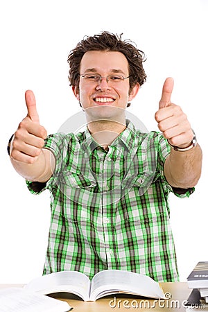 Crazy happy student, thumbs up, isolated on white Stock Photo