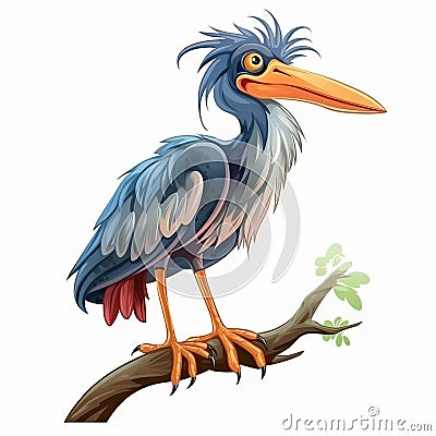 Crazy Heron Cartoon Vector Illustration On Branch Stock Photo