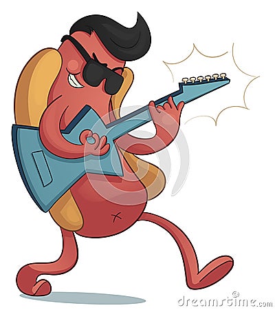 Crazy Hot Dog Playing Electric Guitar Vector Illustration