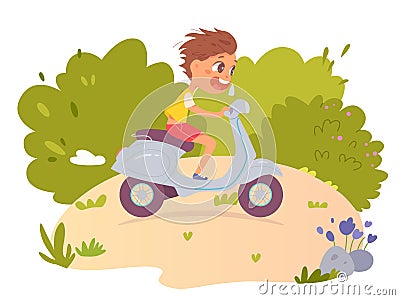 Crazy kid riding fast motor scooter on road, funny country road racing of happy boy Vector Illustration