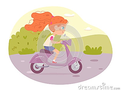 Crazy kid riding fast motor scooter on road, funny country road racing of happy girl Vector Illustration