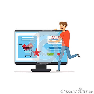 Crazy man with giant computer, online shopping, shopaholic man vector Illustration Vector Illustration