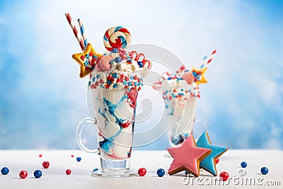 Crazy milk shake with ice cream,whipped cream, marshmallow,cookies and colored candy in glass. Sweet dessert for Fourth of July. Stock Photo