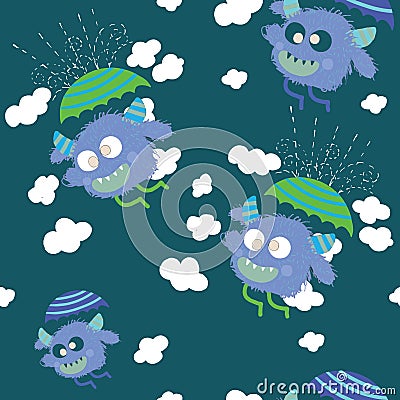 crazy monster holding umbrella,Happy funny childish little monster with umbrella in the rain Vector Illustration