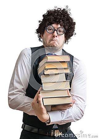 Crazy nerd student with many books isolated on white background Stock Photo