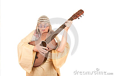 Crazy New Age Woman with Guitar Stock Photo