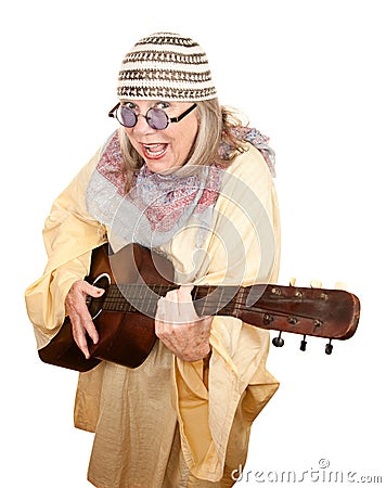 Crazy New Age Woman with Guitar Stock Photo