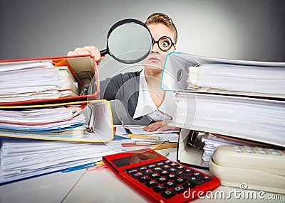 Crazy office lady at desk. Stock Photo