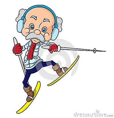 The crazy old man is playing the skiing and doing the attraction Vector Illustration