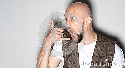 crazy phone screaming man sneering face theatrical Stock Photo