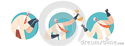 Crazy Professor Isolated Round Icons or Avatars. Nuts Doctor Character Wear Lab Coat and Gloves. Conduct Experiment Vector Illustration