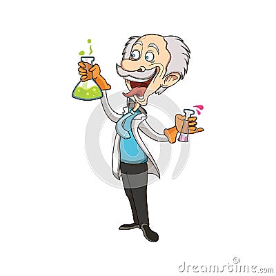 A crazy professor with his invaluable inventions Vector Illustration