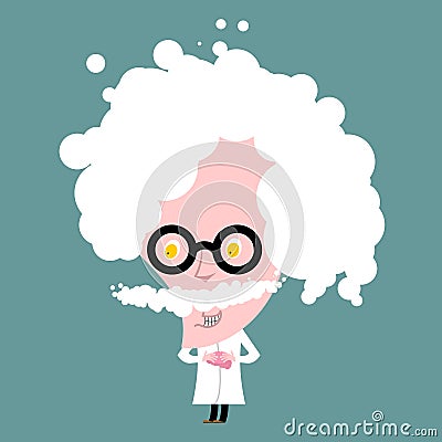 Crazy professor in white coat. Nutty Scientist keeps brain. Vector Illustration