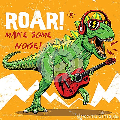 Crazy punk cartoon t rex dino character rocking guitar funny illustration wall art t shirt graphic design Vector Illustration