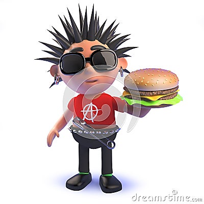 Crazy punk rocker cartoon character eating a cheese burger in 3d Stock Photo