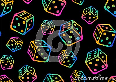 Crazy rainbow seamless pattern with flying outline rainbow colors game cubes . Vector Illustration