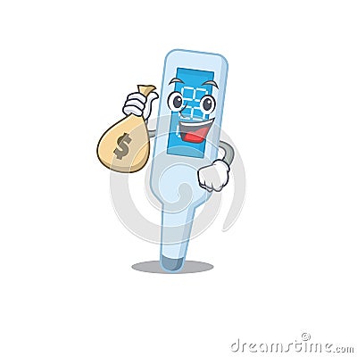 Crazy rich Cartoon picture of digital thermometer having money bags Vector Illustration