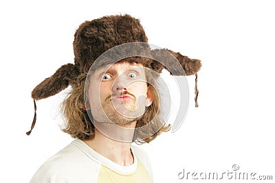 Crazy russian man with ear-flaps cap Stock Photo