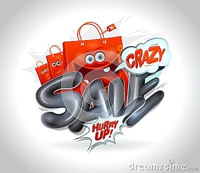 Crazy sale poster design with funny paper bags Vector Illustration