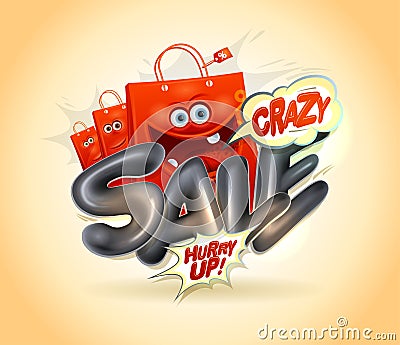 Crazy sale poster design with funny paper bags Vector Illustration