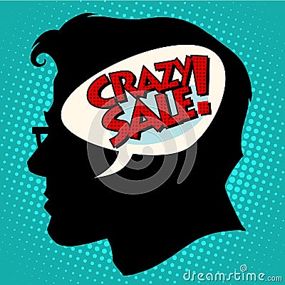 Crazy sale thoughts head Vector Illustration