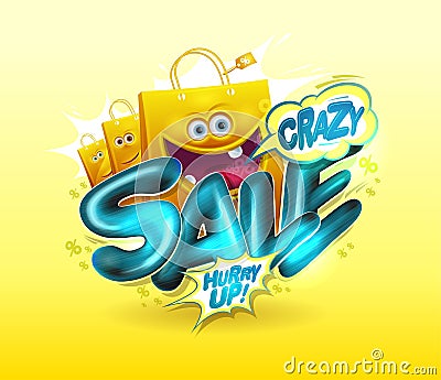 Crazy sale vector banner mockup with cartoon funny paper bags Vector Illustration